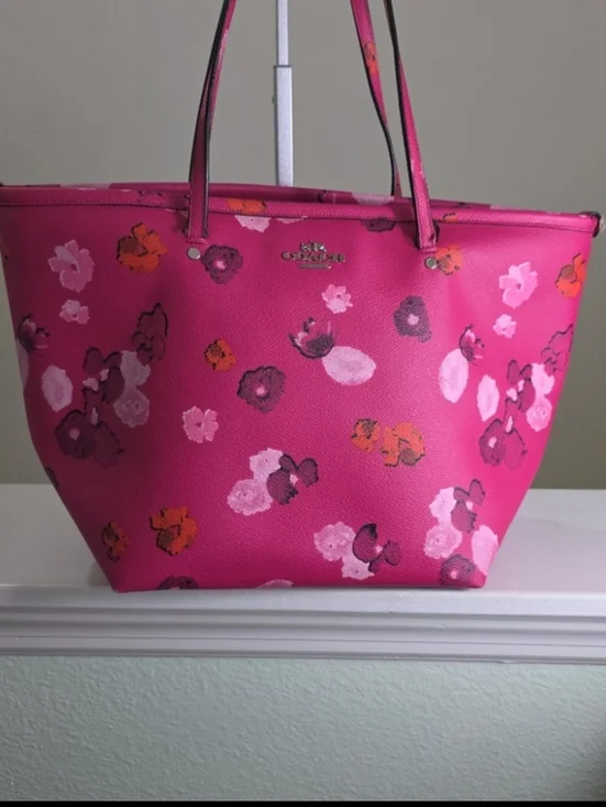 COACH F35161 PINK FLORAL/Silvertone Street Zip Tote Project Bag FAIR - Picture 3 of 17